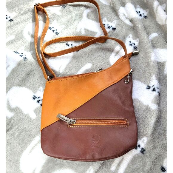 Florence Italian Leather asymmetric colorblock two tone brown crossbody NEW - Picture 4 of 11